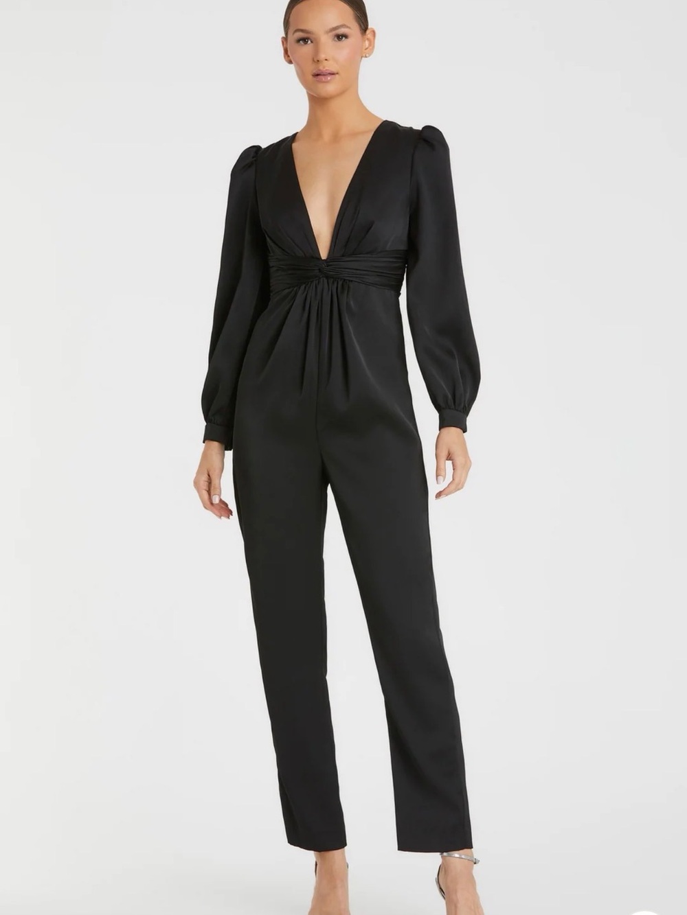 Mac Duggal Black Satin Deep V Long Sleeve Jumpsuit